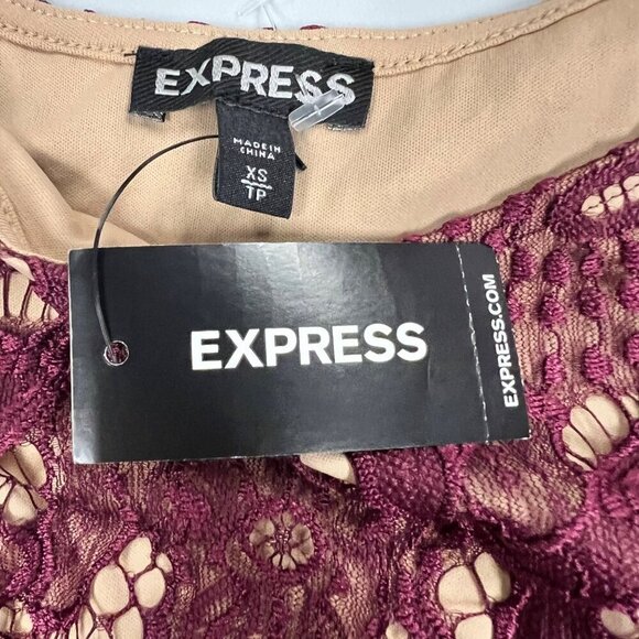 Express Women's Lace Overlay Short Sleeve Scalloped Hem Top Wine/Nude XS New - Picture 8 of 9